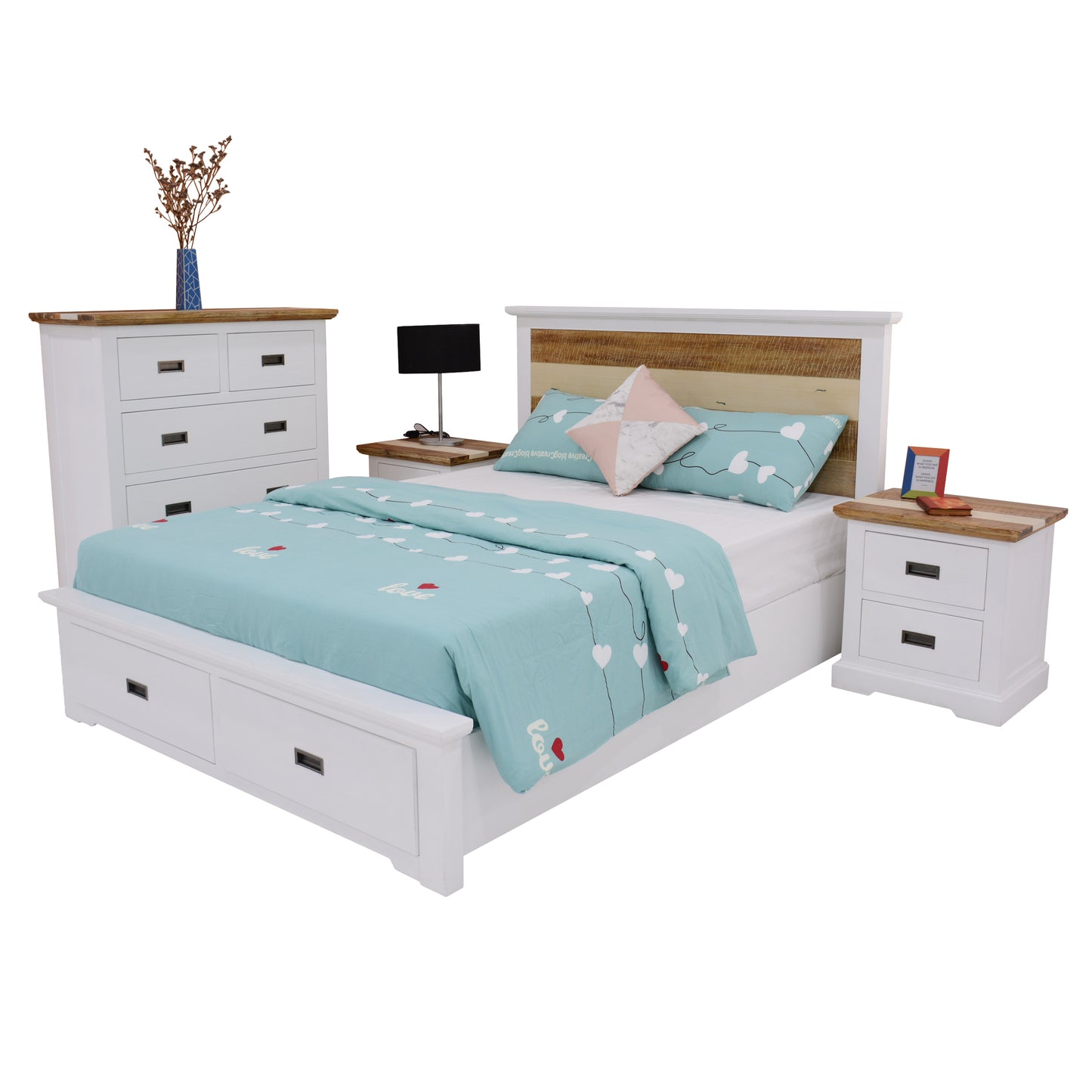 Orville 4pc King Bed Frame Suite Bedside Tallboy Furniture Package - Multi Color