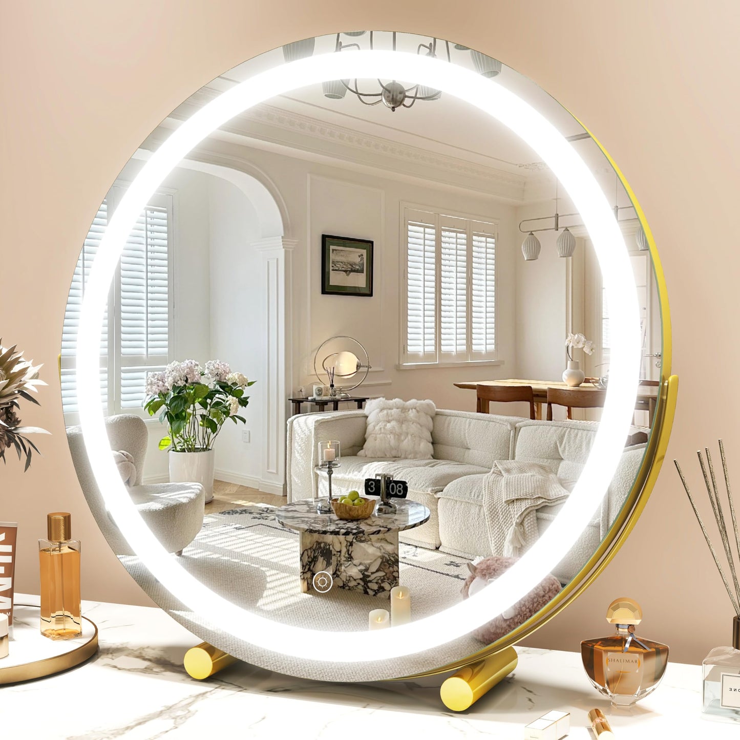 45cm Large Makeup Desk Mirror Lights Round LED Makeup Make up Mirror Bedroom Tabletop Touch Control Gold