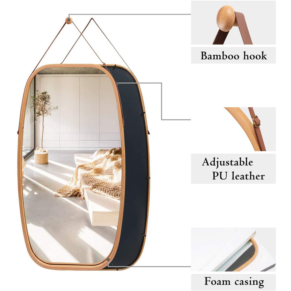 Full Length Bathroom Wall Mount Hanging Bamboo Frame Mirror Adjustable Strap Wall Mirror Home Decor