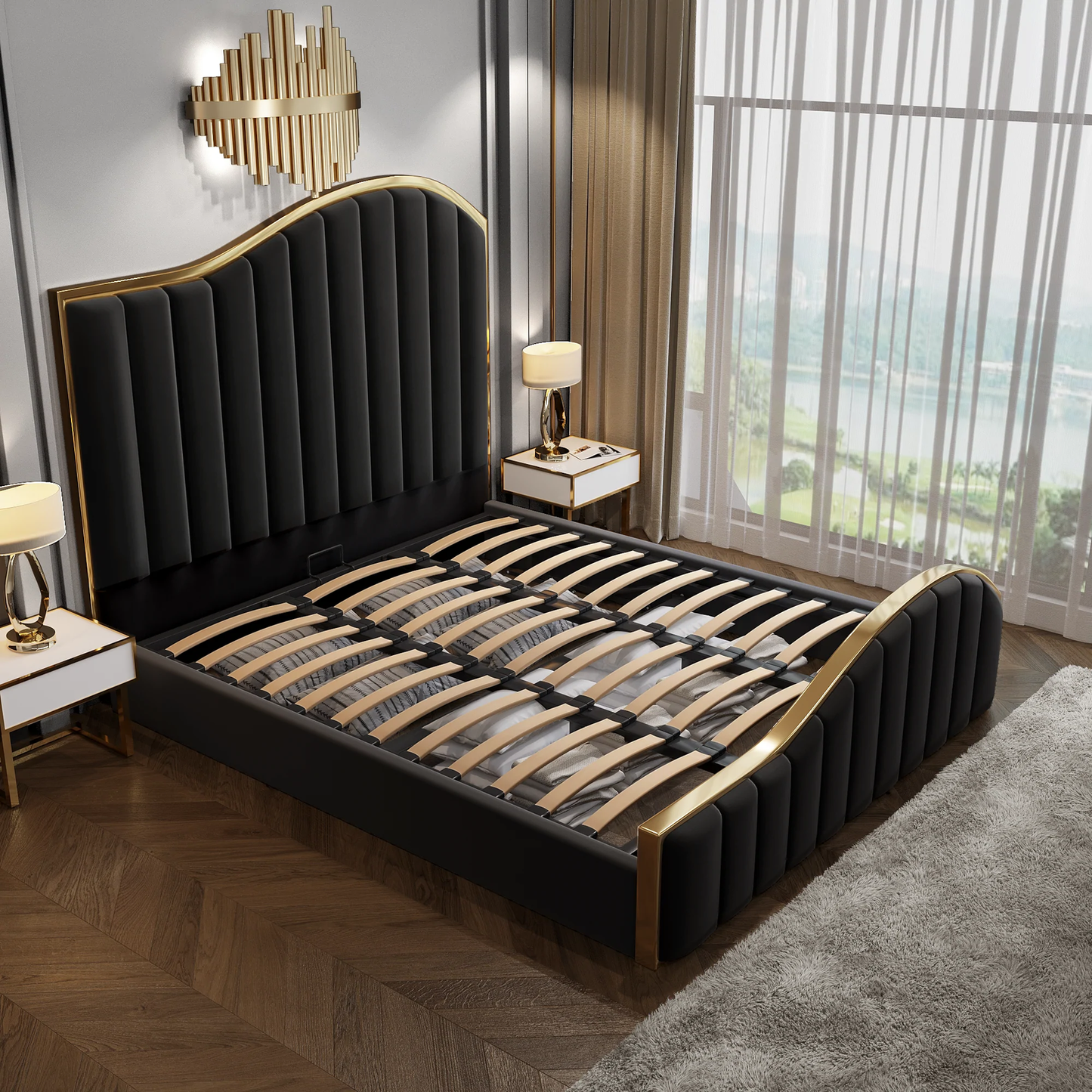 Elegant Luxury King Size Velvet Fabric Storage Bedframe Golden Trim-Black