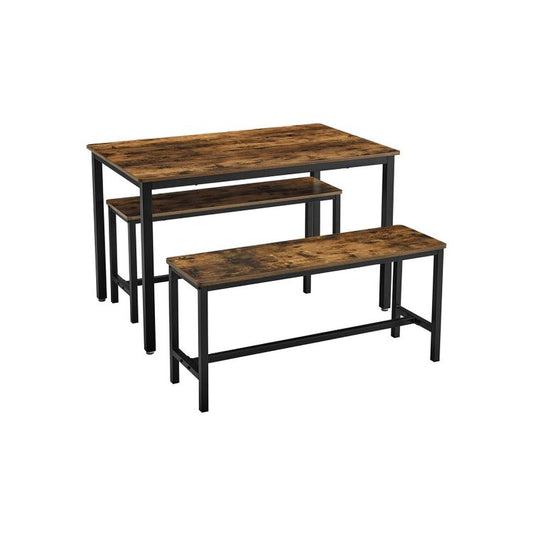 VASAGLE Industrial Rustic Brown Dining Table with 2 Benches