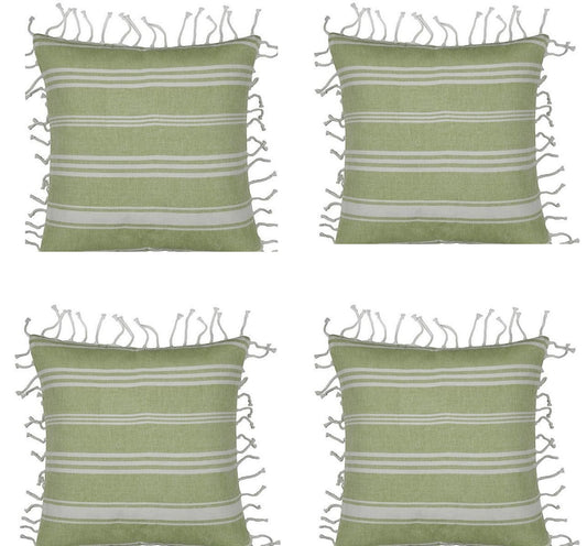 Pack of 4 Fresh Green & White Striped Cushion Cover with white knotted edging