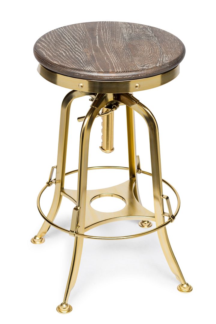 Industrial Height Adjustable Swivel Bar Stool with Oak Wood Top - Gold Finish