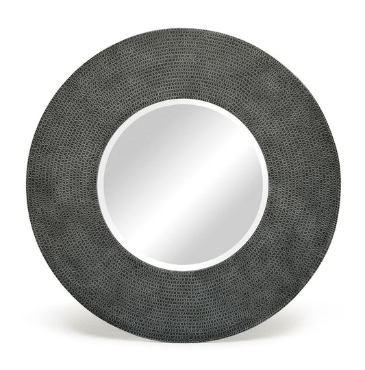 Round Wall Mirror with Croc Pattern Frame in Black Silver Finish