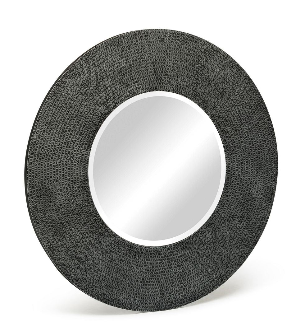 Round Wall Mirror with Croc Pattern Frame in Black Silver Finish