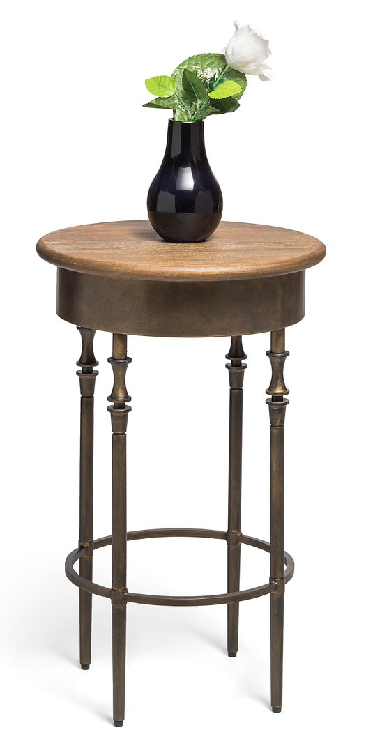 Wooden Round Side Table with Finial Legs in Dark French Brass Finish