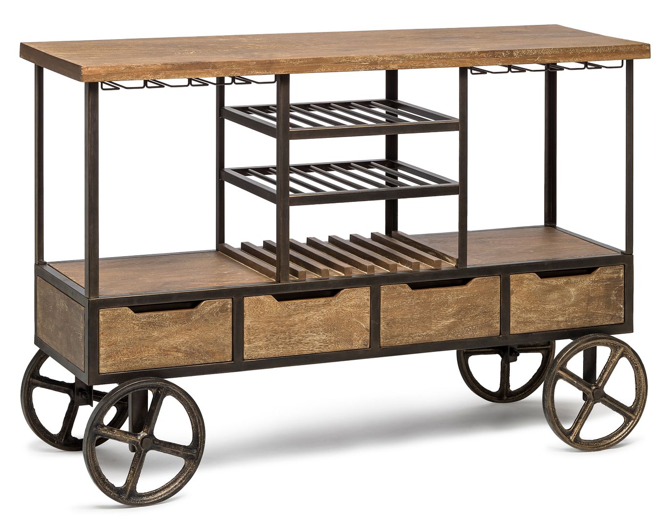 Industrial Style Wooden Bar Cart Drinks Trolley Station with Wine Bottle Rack