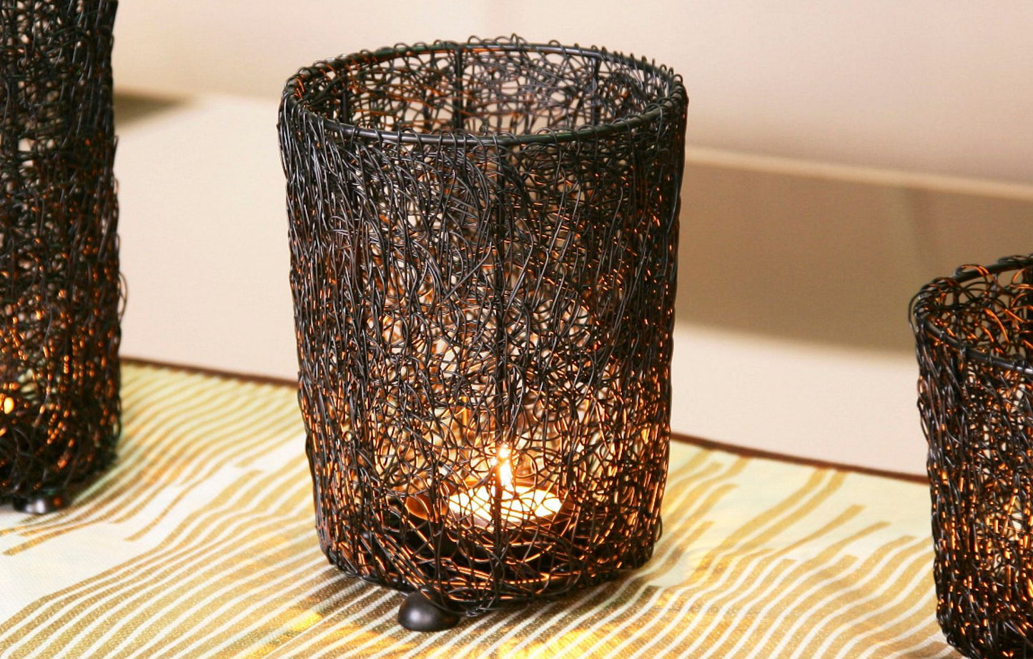 Wired Mesh Tealight Black Candle Holders - Set of 3