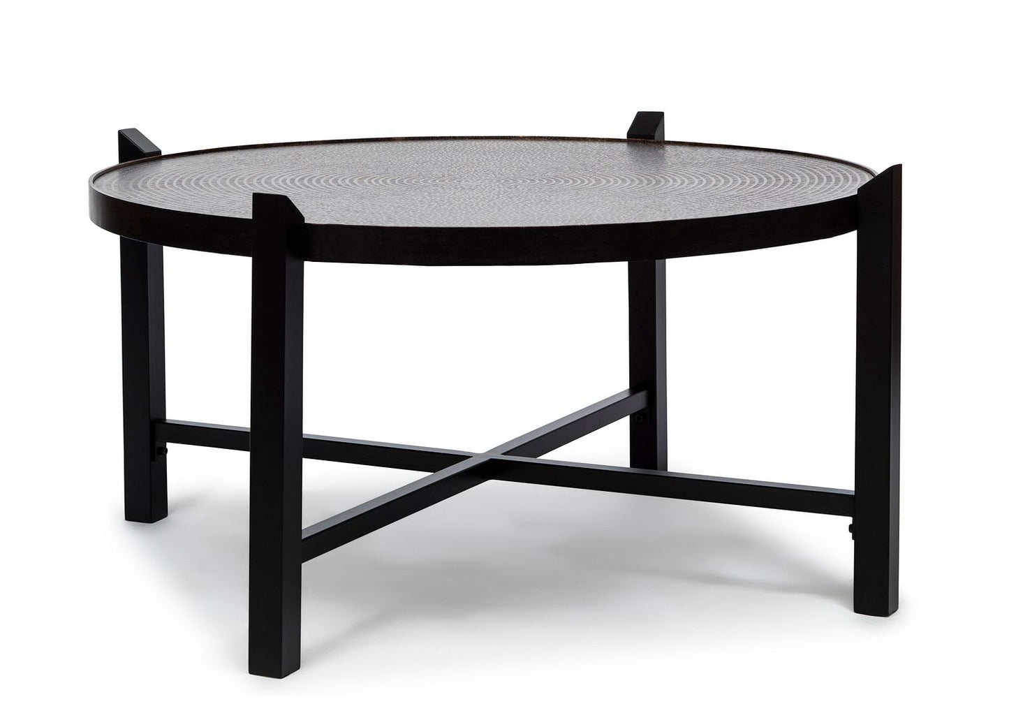 Modern Black Round Coffee Table with Copper Finish Engraved Top