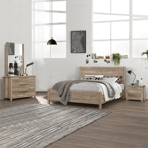 4 Pieces Bedroom Suite Natural Wood Like MDF Structure Queen Size Oak Colour Bed, Bedside Table & Dresser