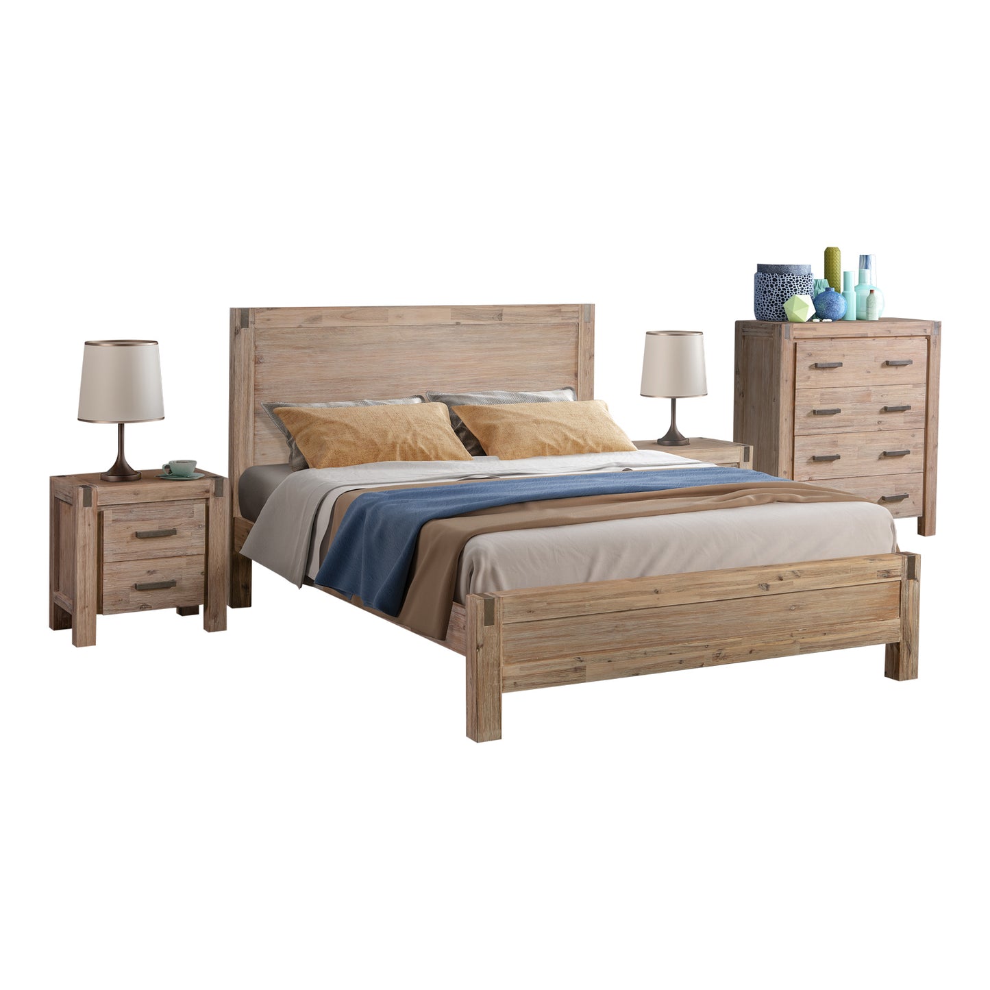 4 Pieces Bedroom Suite in Solid Wood Veneered Acacia Construction Timber Slat Queen Size Oak Colour Bed, Bedside Table & Tallboy