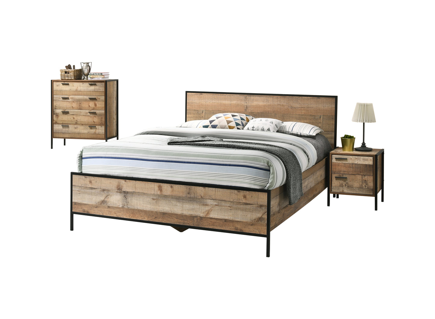 4 Pieces Bedroom Suite with Particle Board Contraction and Metal Legs Queen Size Oak Colour Bed, Bedside Table & Tallboy