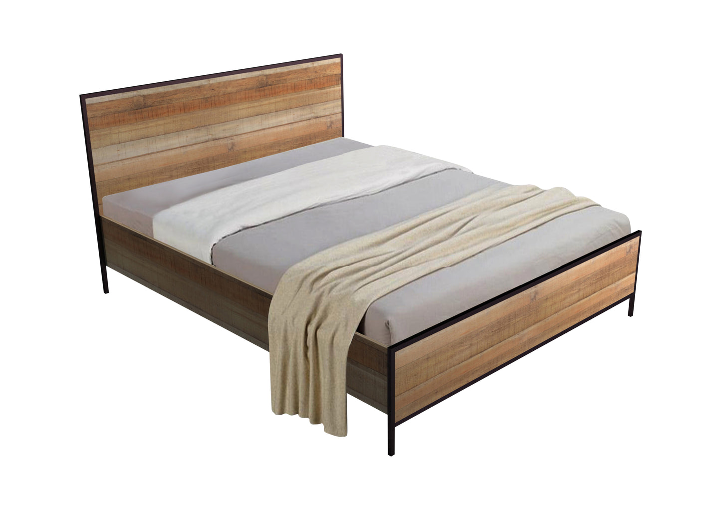 4 Pieces Bedroom Suite with Particle Board Contraction and Metal Legs Queen Size Oak Colour Bed, Bedside Table & Tallboy