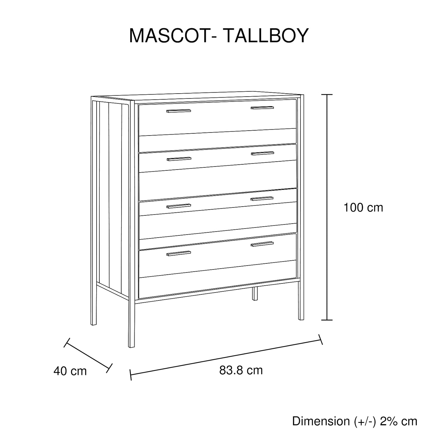 4 Pieces Bedroom Suite with Particle Board Contraction and Metal Legs Queen Size Oak Colour Bed, Bedside Table & Tallboy