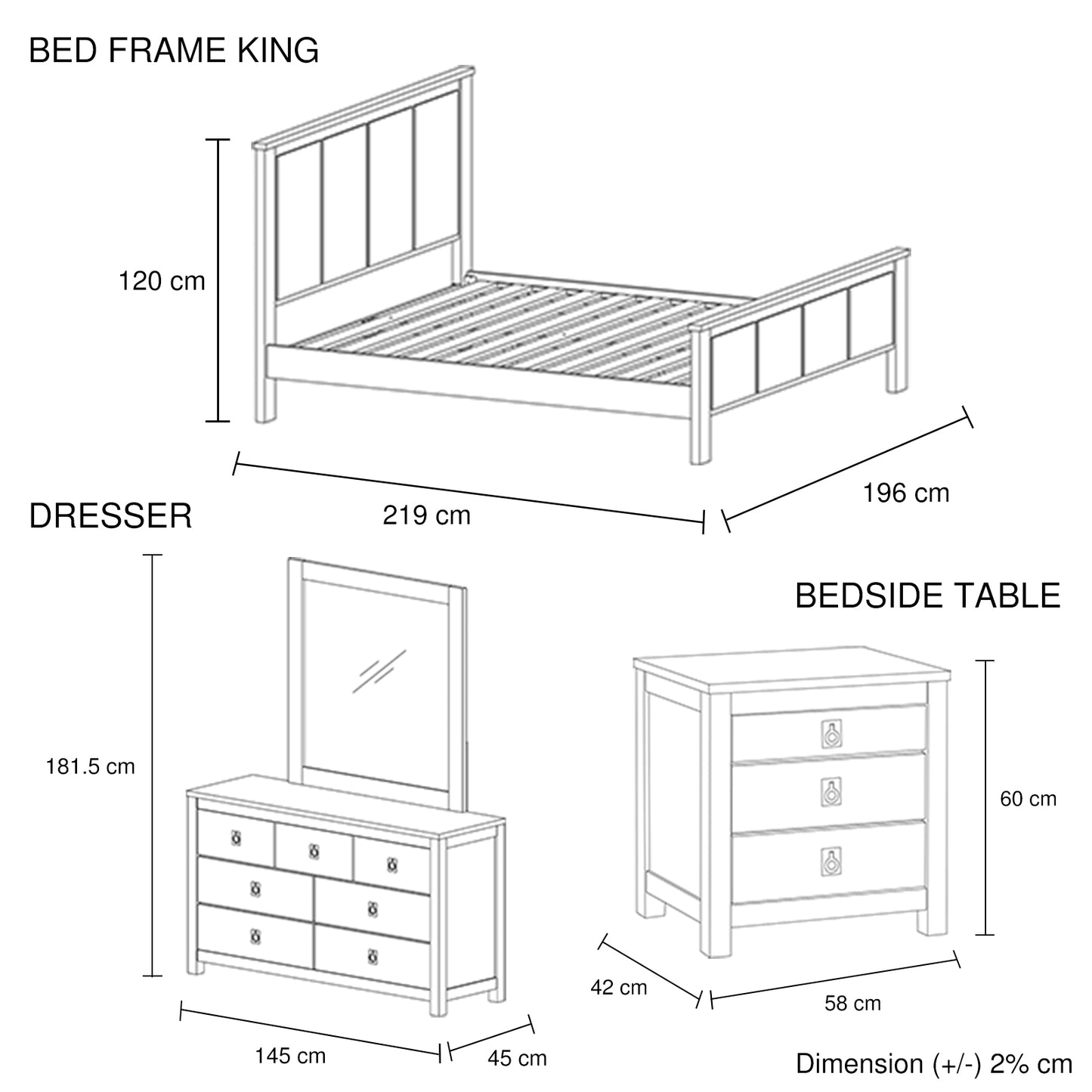 4 Pieces Bedroom Suite with Solid Acacia Wood Veneered Construction in King Size White Ash Colour Bed, Bedside Table & Dresser