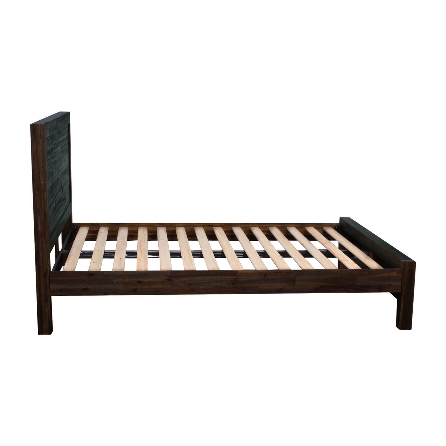 5 Pieces Bedroom Suite in Solid Wood Veneered Acacia Construction Timber Slat Queen Size Chocolate Colour Bed, Bedside Table , Tallboy & Dresser