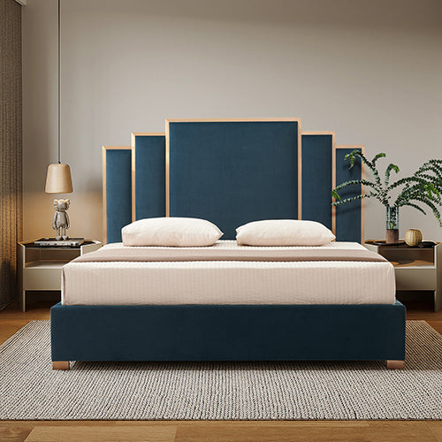 Austin Bed Frame Polyester Turquoise Fabric Padded Upholstery High Quality Slats Polished Stainless Steel Feet