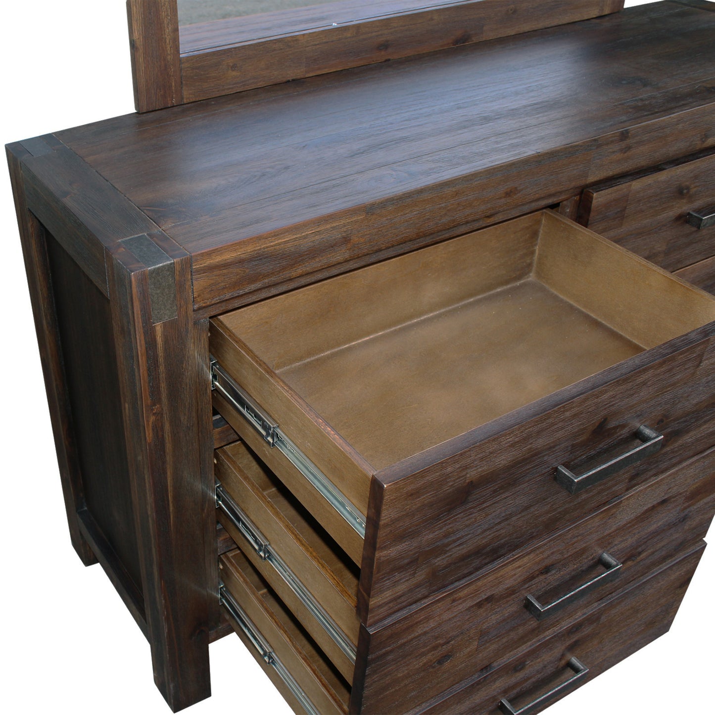 Dresser with 6 Storage Drawers in Solid Acacia & Veneer With Mirror in Chocolate Colour