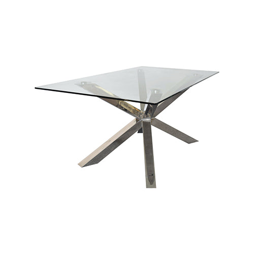 Dining Table in Crisscross Shaped High Glossy Stainless Steel Base with 12mm Tempered Glass Top