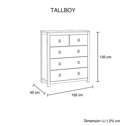 Tallboy with 5 Storage Drawers in Cloud White Ash Color with Solid Acacia Wooden Frame