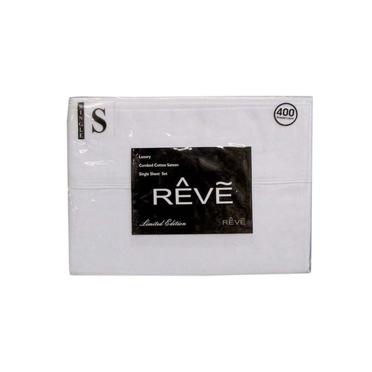 400TC Reve 100% Cotton Sateen Sheet Set White Single