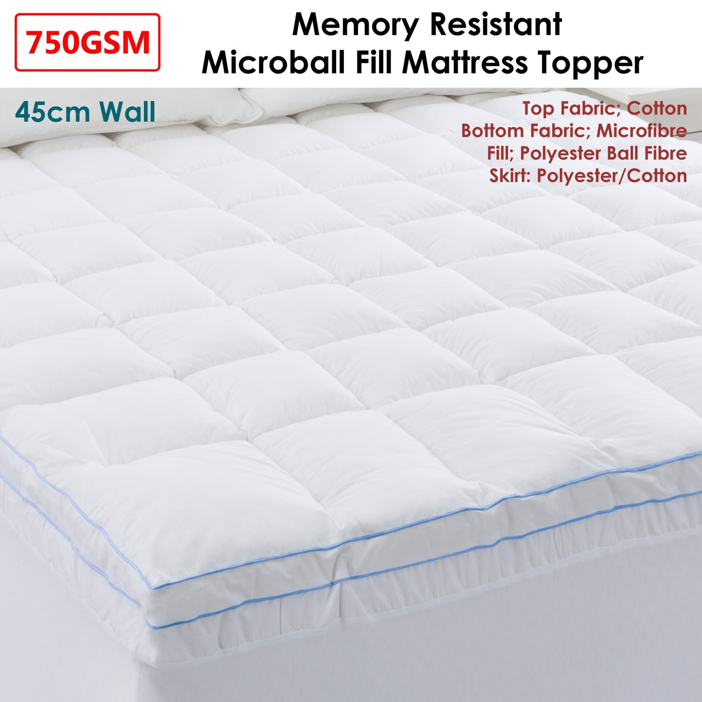 Cloudland 750GSM Memory Resistant Microball Fill Mattress Topper Single