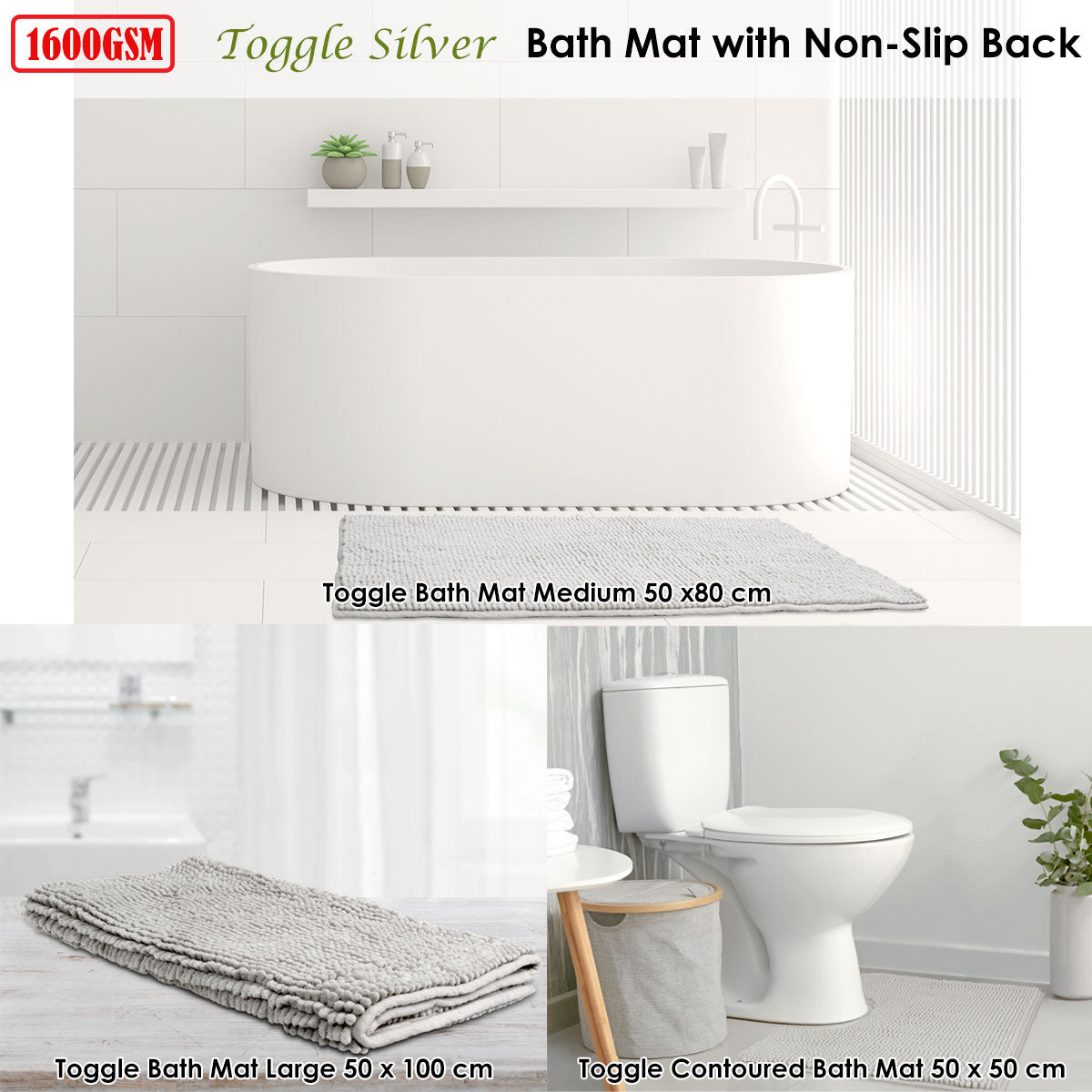 Toggle Microfiber Bath Mat Contourned Silver