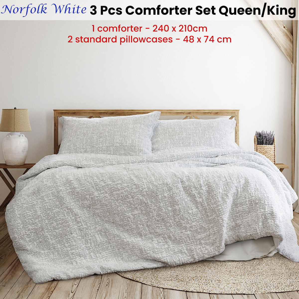 Ardor Norfolk White 3 Pcs Embossed Comforter Set Queen/King