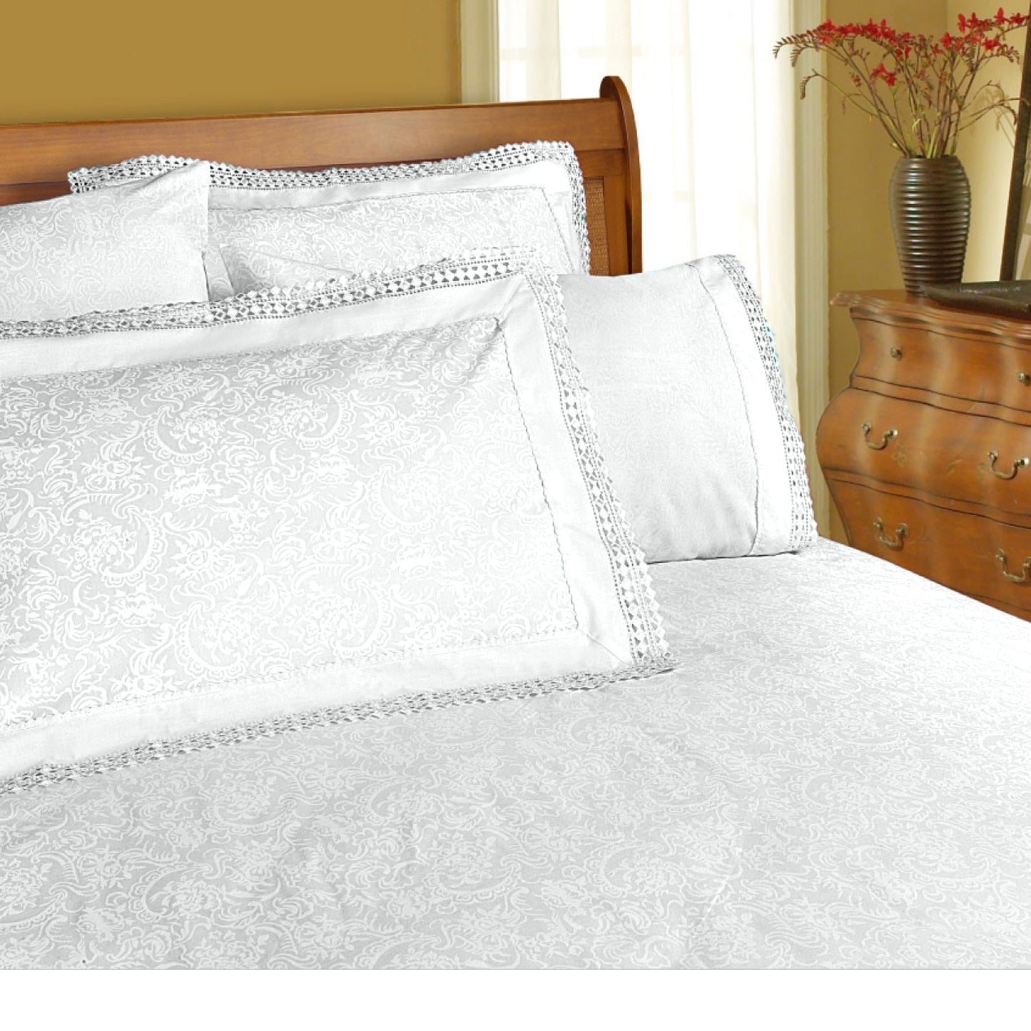 Shangri La Microfibre Machine Lace Sheet Set White King