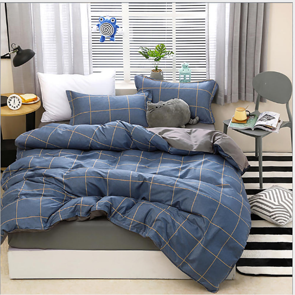 Blue Plaid Pattern Aloe Cotton Flat Sheet Quilt Cover Pillowcases 4pcs Bedding Set Duvet Doona Quilt Cover Set (Double)