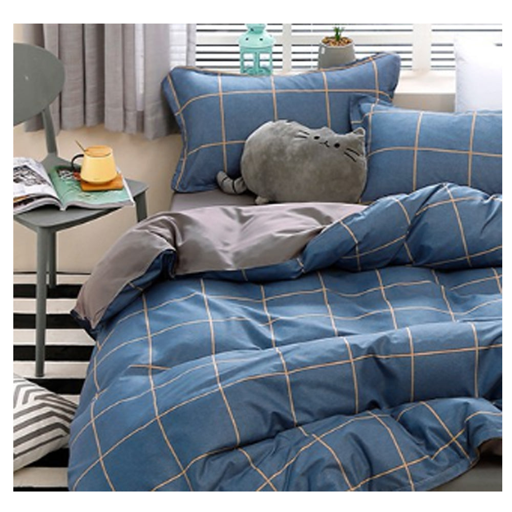 Blue Plaid Pattern Aloe Cotton Flat Sheet Quilt Cover Pillowcases 4pcs Bedding Set Duvet Doona Quilt Cover Set (Double)