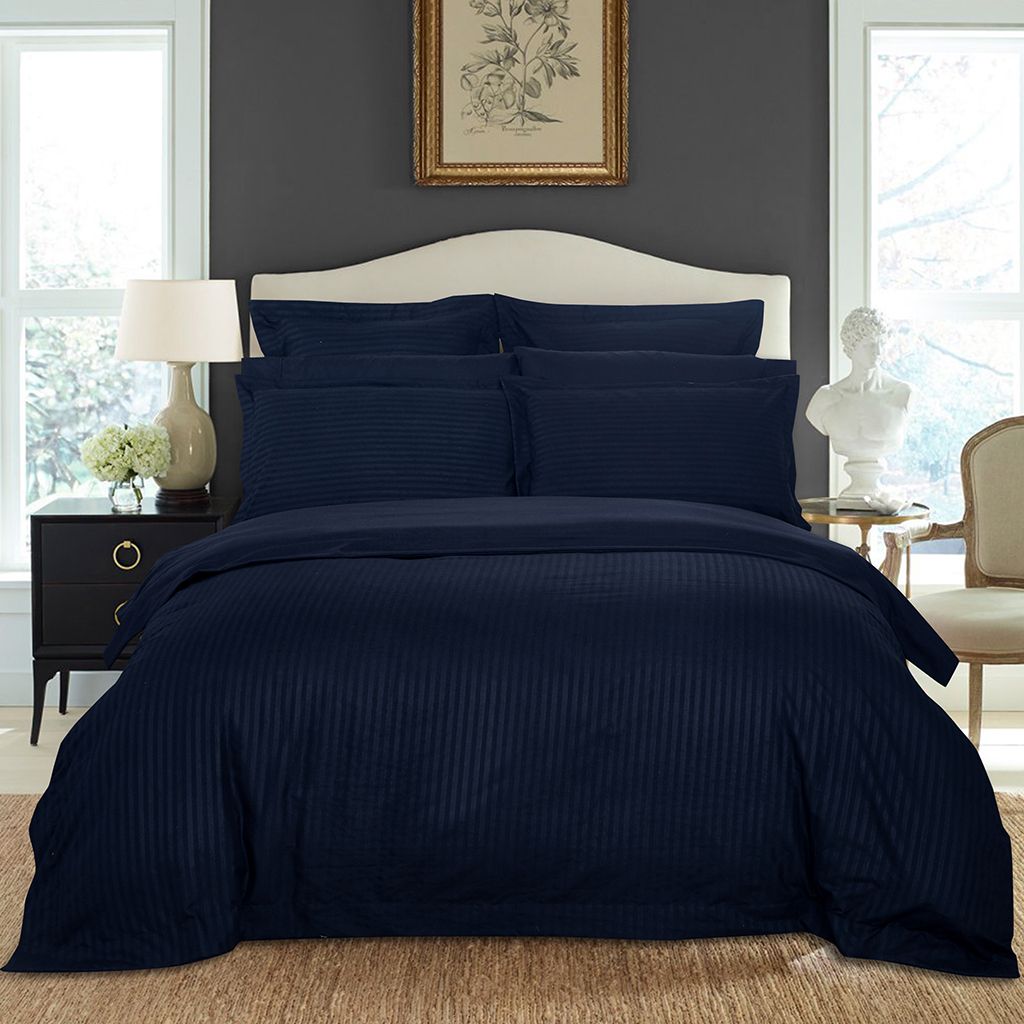 1000TC Ultra Soft Striped Queen Size Midnight Blue Duvet Quilt Cover Set