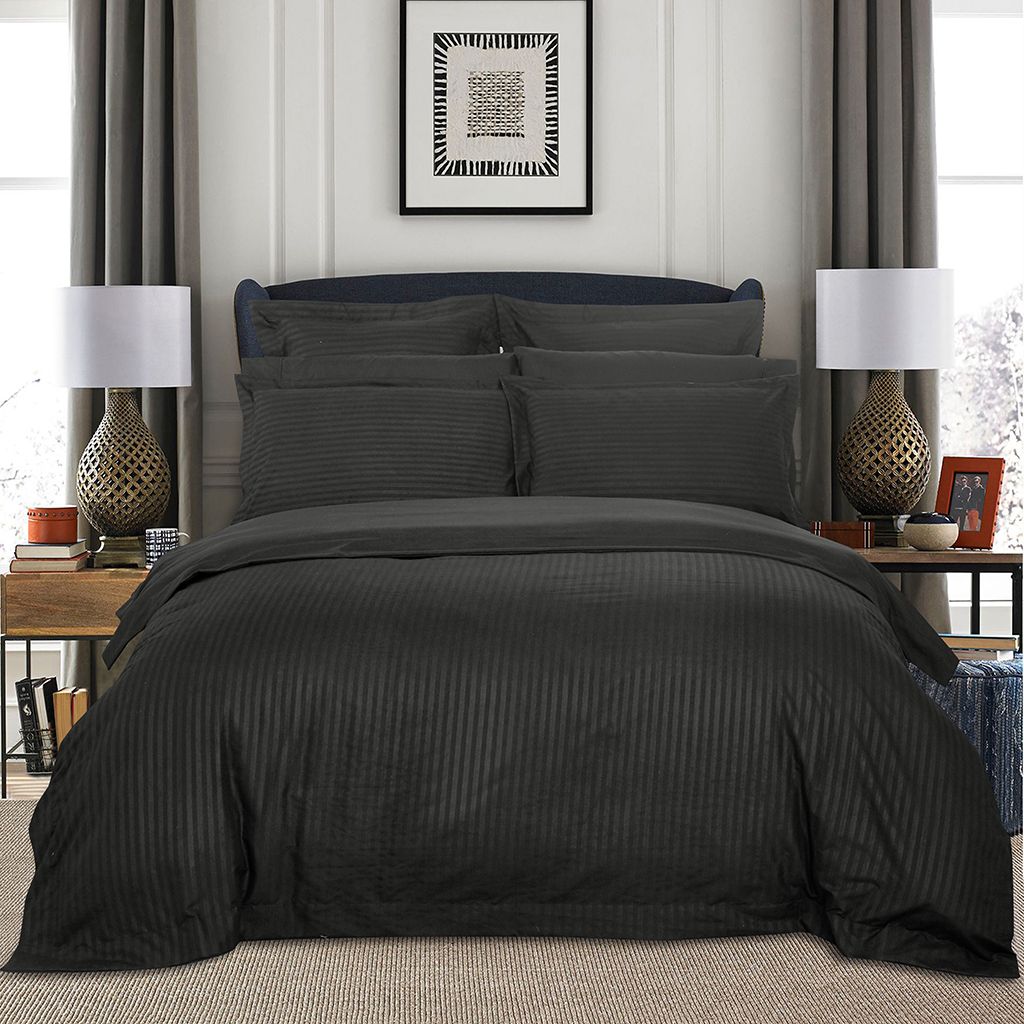 1000TC Ultra Soft Striped Super King Size Charcoal Duvet Quilt Cover Set