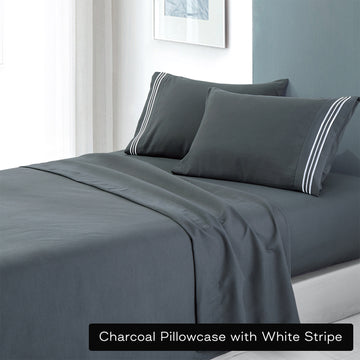 soft microfibre embroidered stripe sheet set double charcoal Pillowcase White Stripe