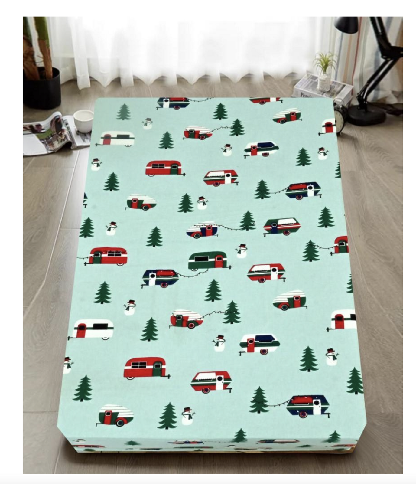 King Luxury 100% Cotton Flannelette Fitted Bed Sheet Flannel - Trees/Caravan