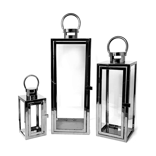 Floor Lantern Set of 3 Candle Holder Stainless Steel SQ Black