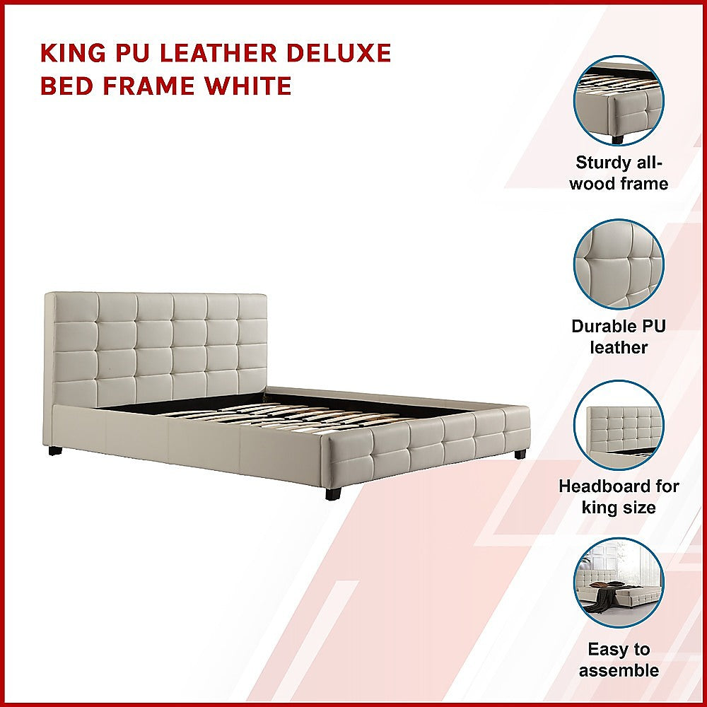 King PU Leather Deluxe Bed Frame White