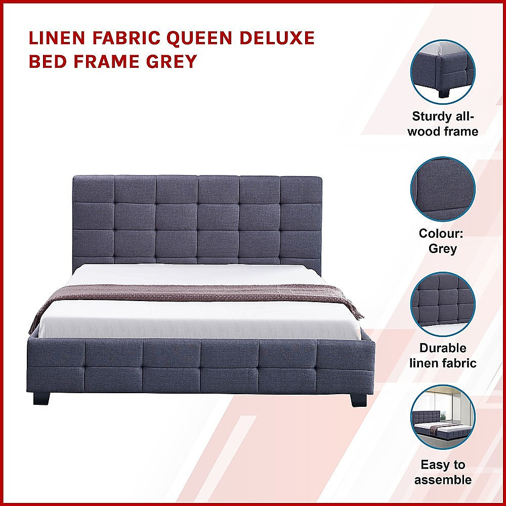 Linen Fabric Queen Deluxe Bed Frame Grey