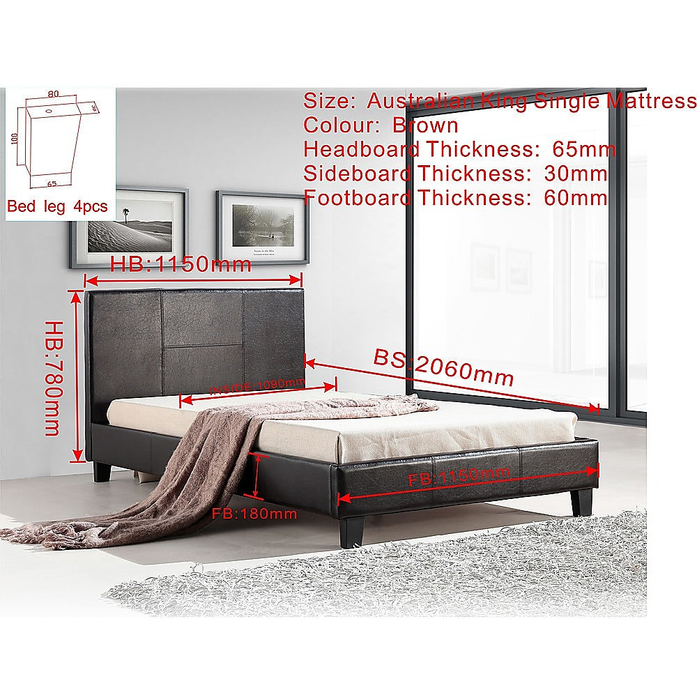 King Single PU Leather Bed Frame Brown