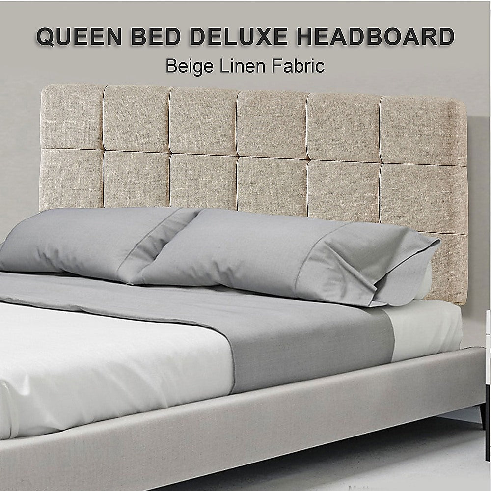 Linen Fabric Queen Bed Deluxe Headboard Bedhead - Beige