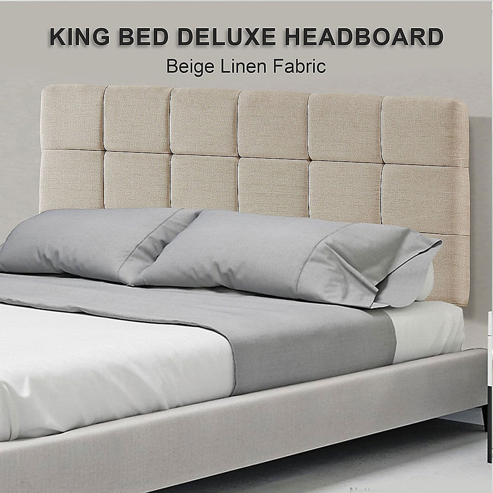 Linen Fabric King Bed Deluxe Headboard Bedhead - Beige