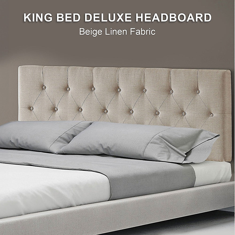 Linen Fabric King Bed Deluxe Headboard Bedhead - Beige