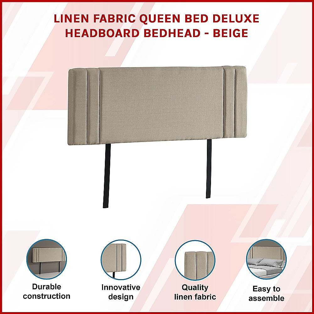 Linen Fabric Queen Bed Deluxe Headboard Bedhead - Beige