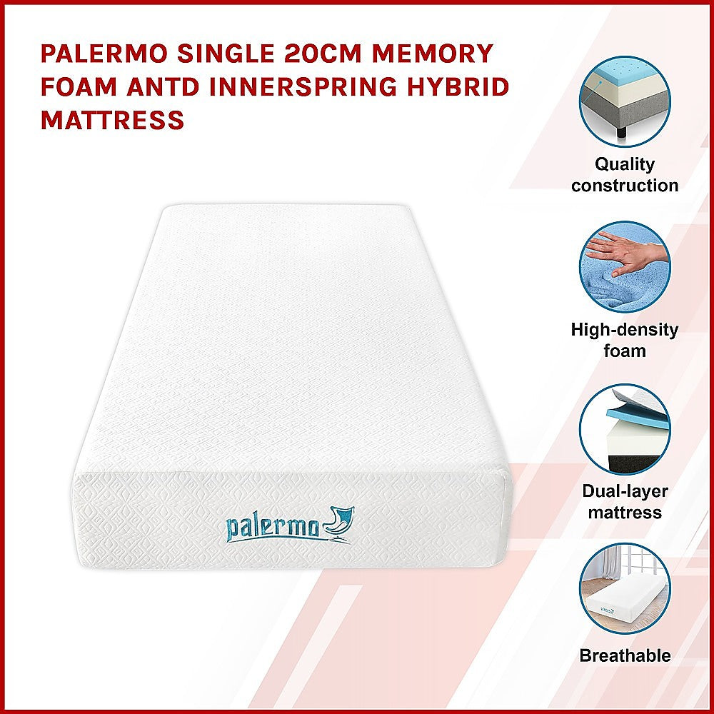 Palermo Single 25cm Gel Memory Foam Mattress - Dual-Layered - CertiPUR-US Certified