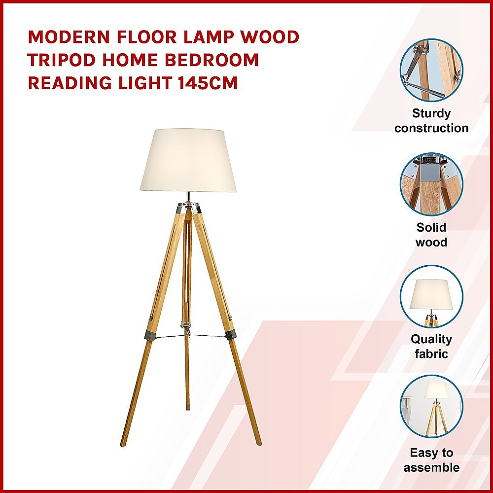 Modern Floor Lamp Wood Tripod Home Bedroom Reading Light 145cm