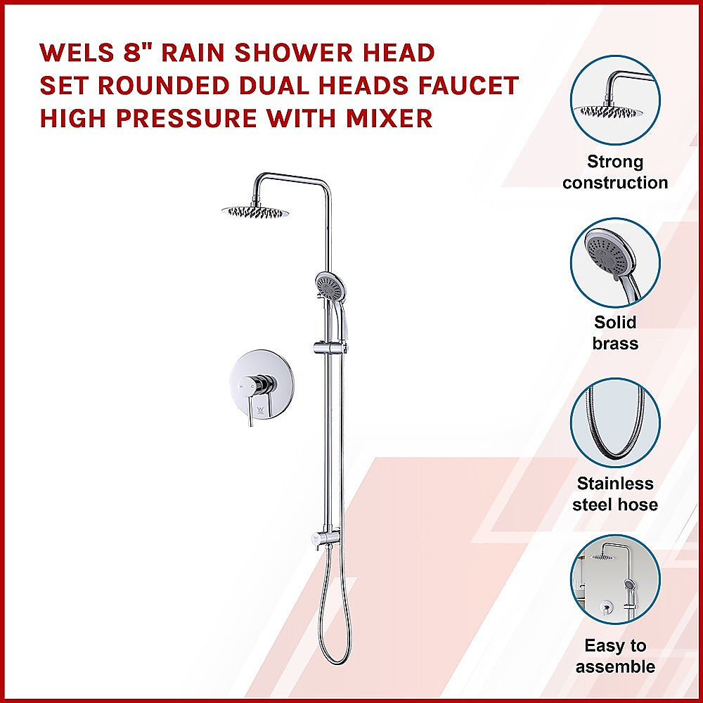 WELS 8" Rain Shower Head Set Rounded Dual Heads Faucet High Pressure With Mixer