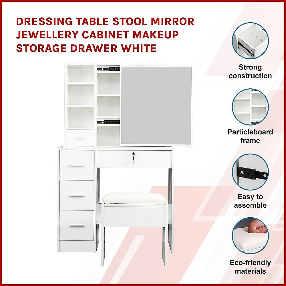 Dressing Table Stool Mirror Jewellery Cabinet Makeup Storage Drawer White