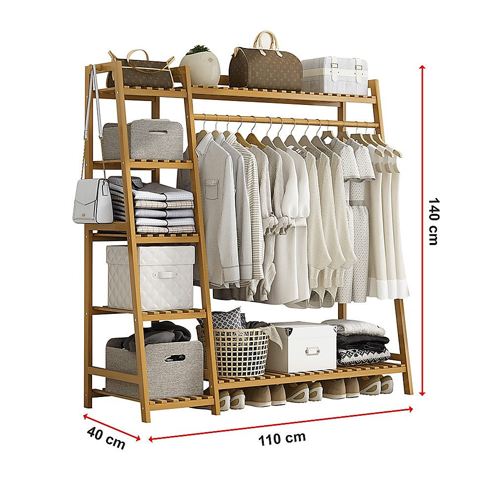 Portable Clothes Rack Coat Garment Stand Bamboo Rail Hanger Airer Closet