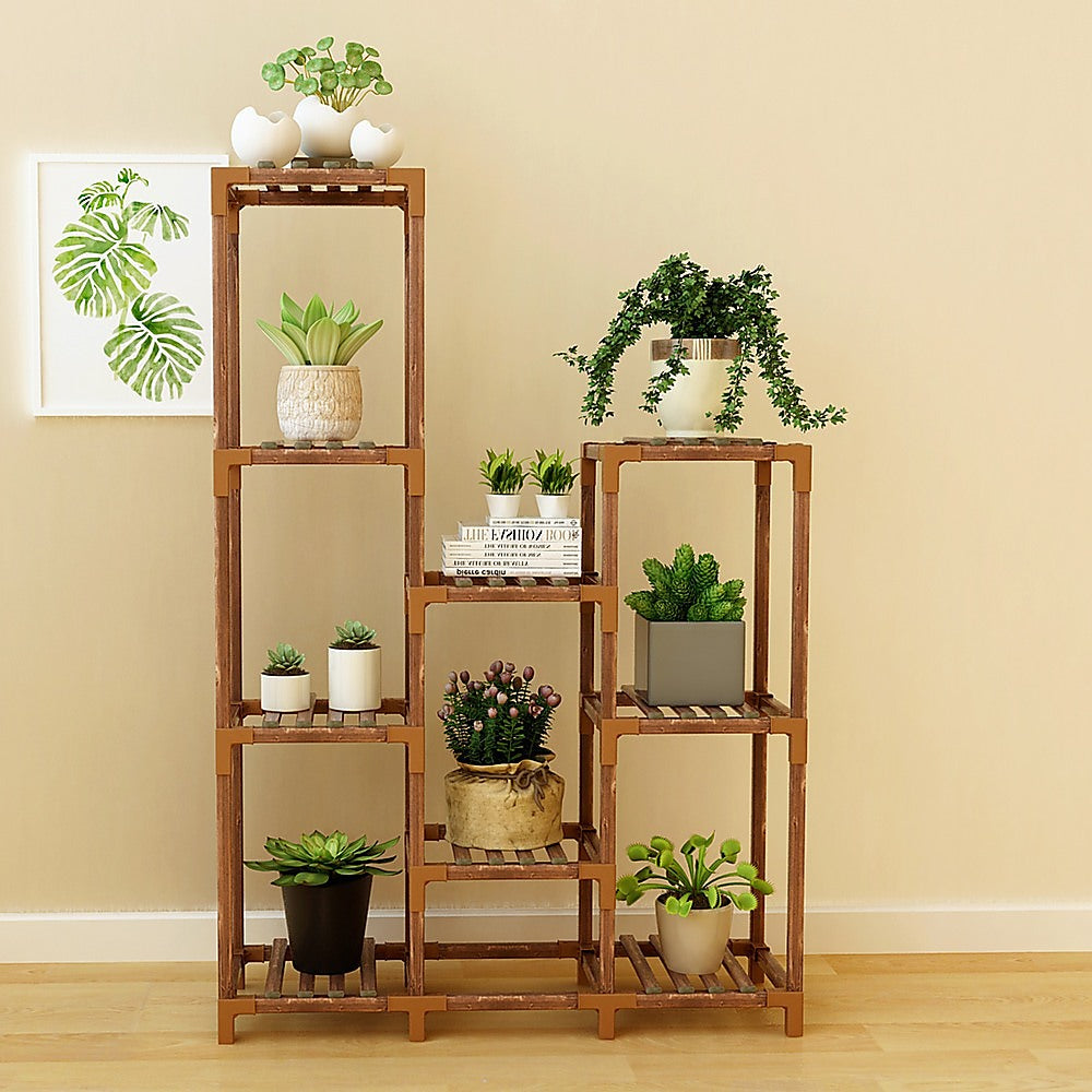 Indoor Outdoor Garden Plant Stand Planter Flower Pot Shelf Wooden Shelving - 9 Shelves