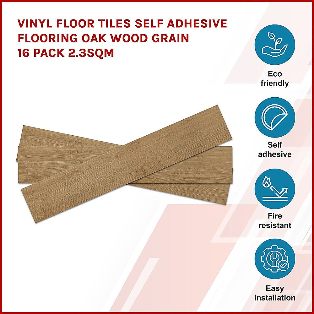 Vinyl Floor Tiles Self Adhesive Flooring Oak Wood Grain 16 Pack 2.3SQM